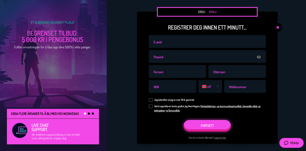 NeonVegas registrering