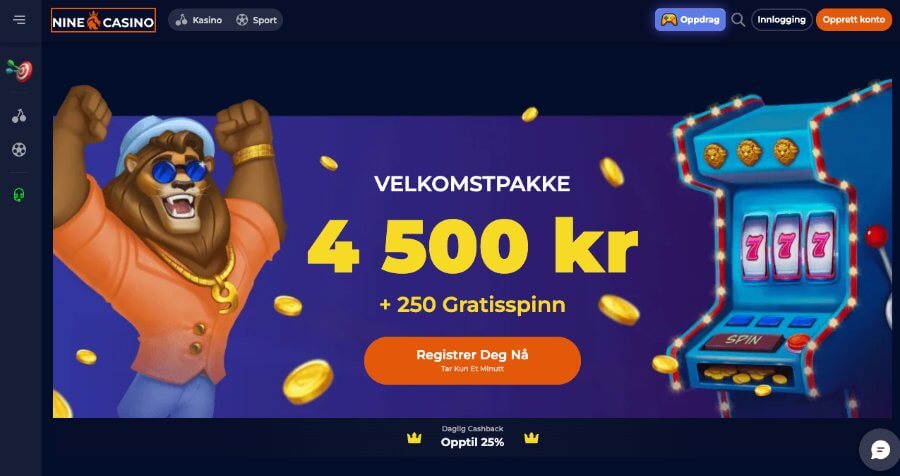 Forsiden til kryptocasinoet NineCasino