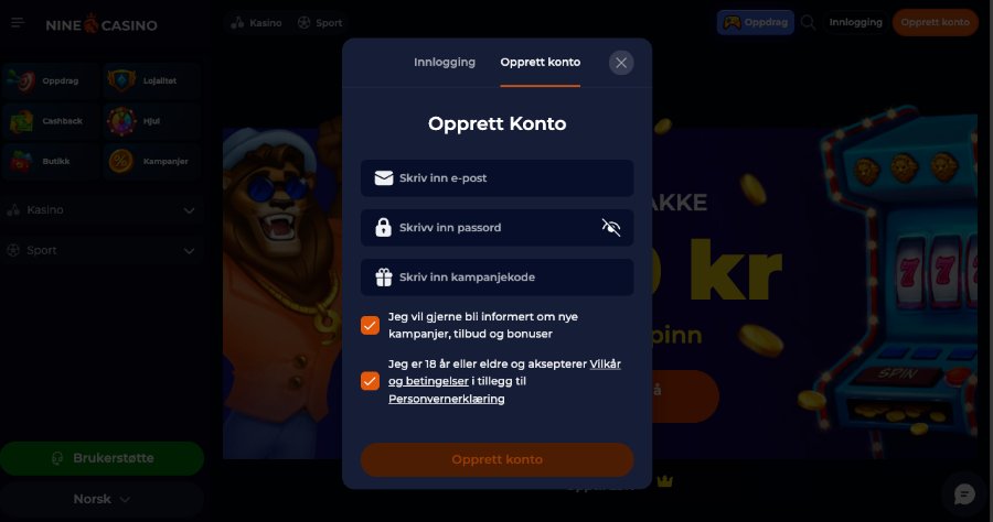 Registrering av en spillekonto hos NineCasino er rask og enkel