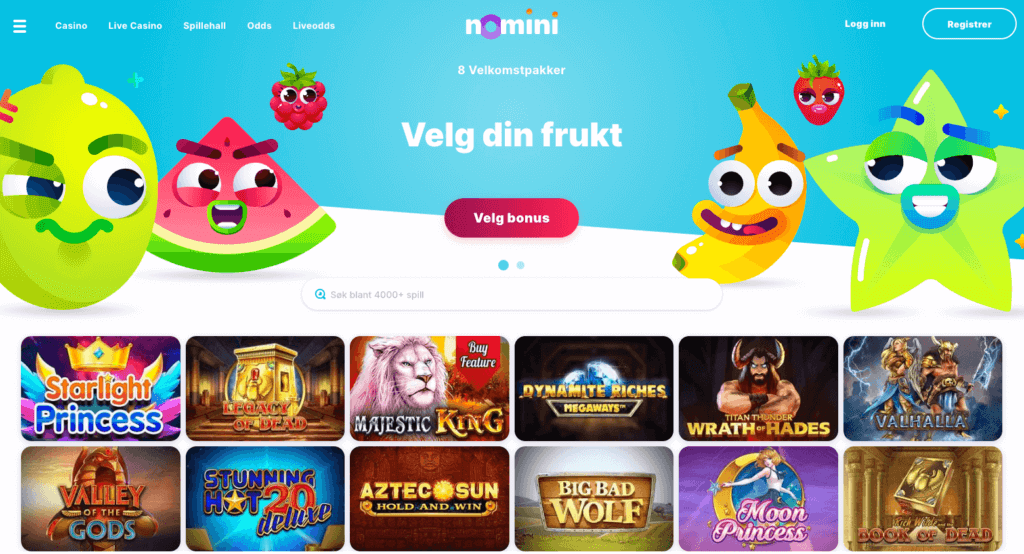 Forsiden til kryptocasinoet Nomini