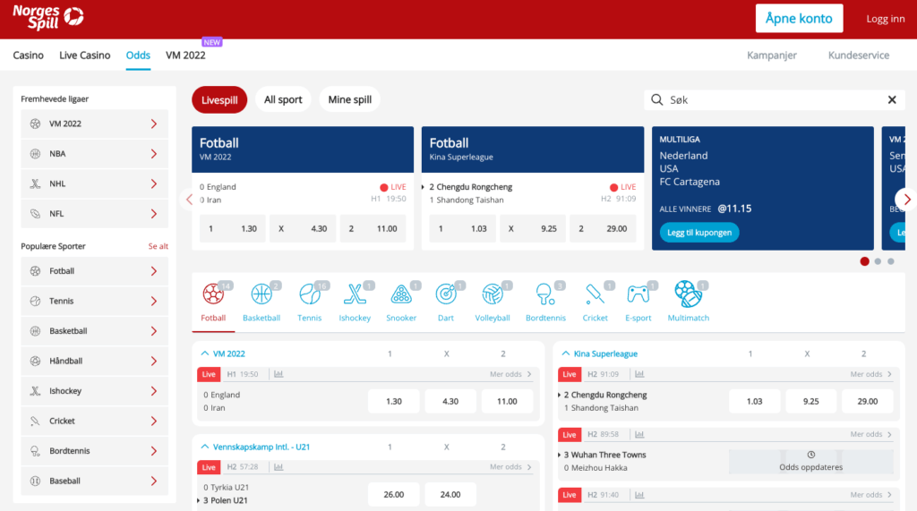 Oddsside hos nettcasinoet NorgesSpill Oddssiden til NorgesSpill