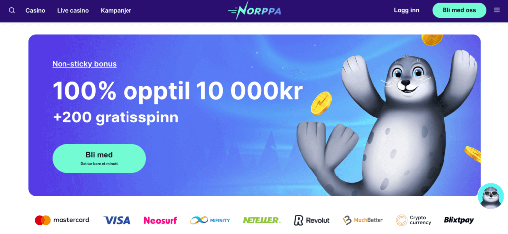 Forsiden til kryptocasinoet Norppa Kasino