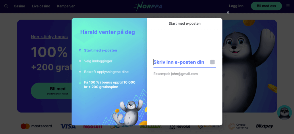 Registrering av en spillekonto hos Norppa Kasino