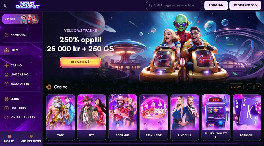 NovaJackpot har en flott lilla forside og en spennende velkomstbonus