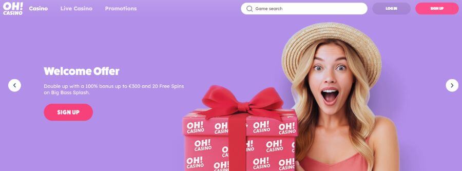 Oh Casino har en fargerik forside og en velkomstbonus med free spins