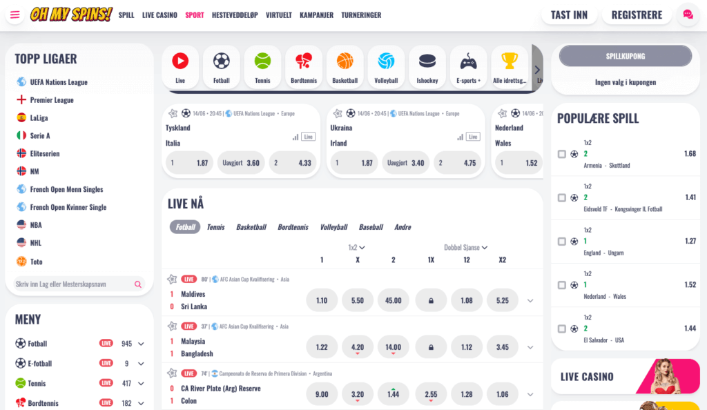 OhMySpins sportsbook med odds på sport og esport