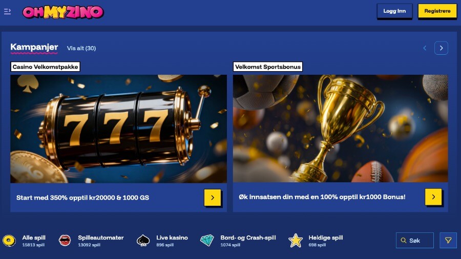 Ohmyzino forside med bonus