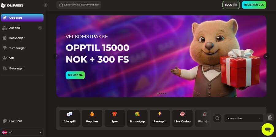 Oliver Casino forside med bonus