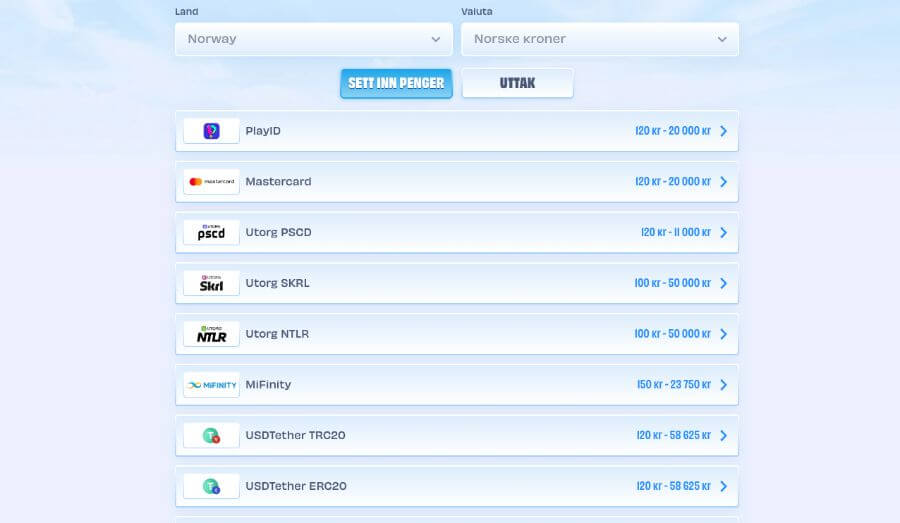 Noen betalingsmetoder hos Onlyspins