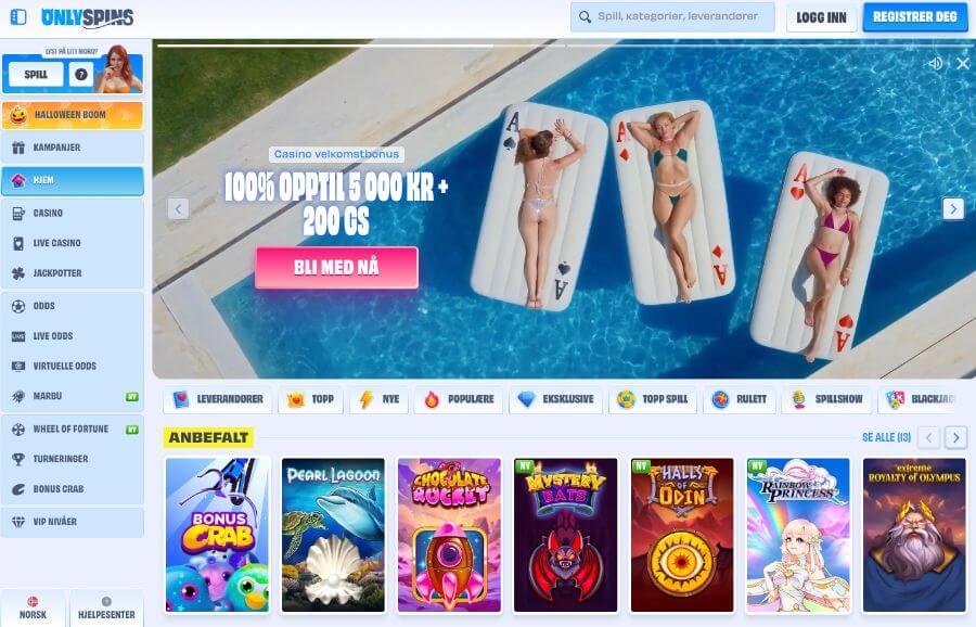 Forside og bonus hos kryptocasinoet Onlyspins