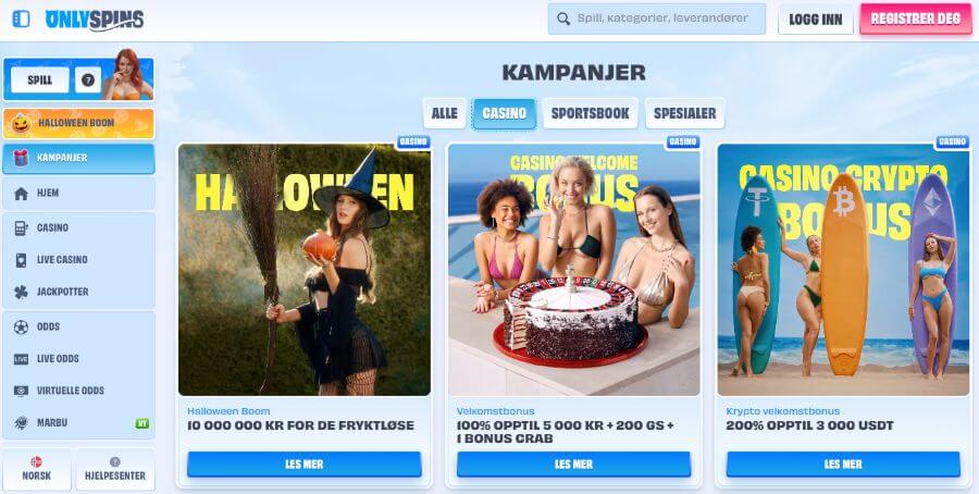 Kampanjesiden til Onlyspins har noen tilbud