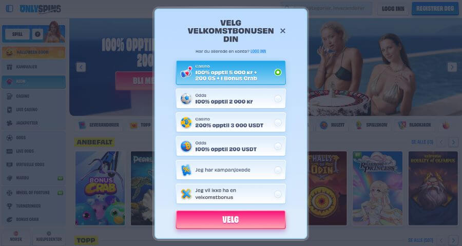 Registrering av en spillekonto hos Onlyspins