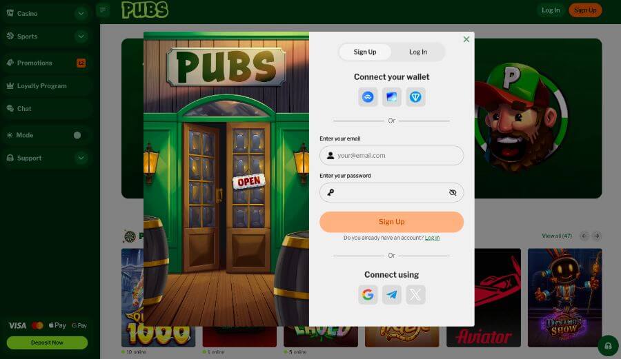 Registrering hos kryptocasinoet PUBS