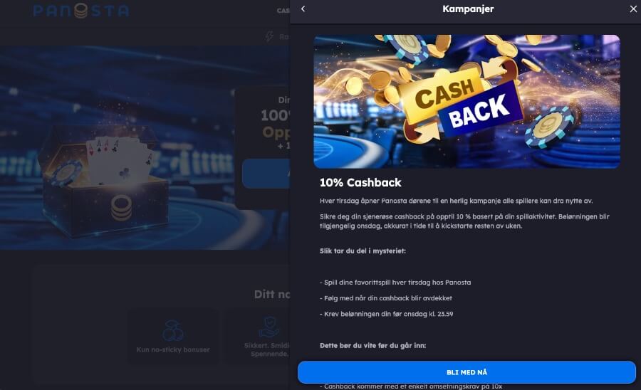 Panosta tilbyr cashback