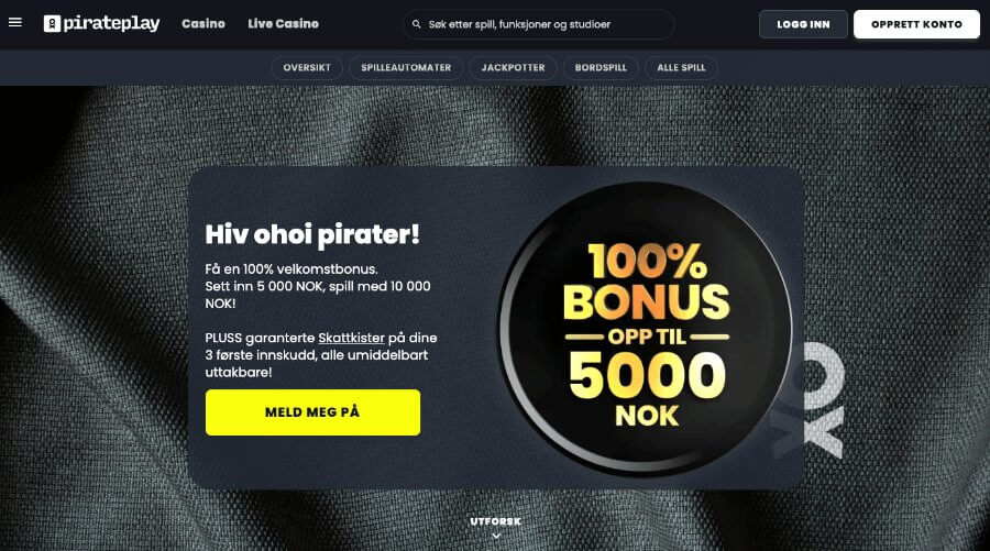 Forsiden til kryptocasinoet PiratePlay