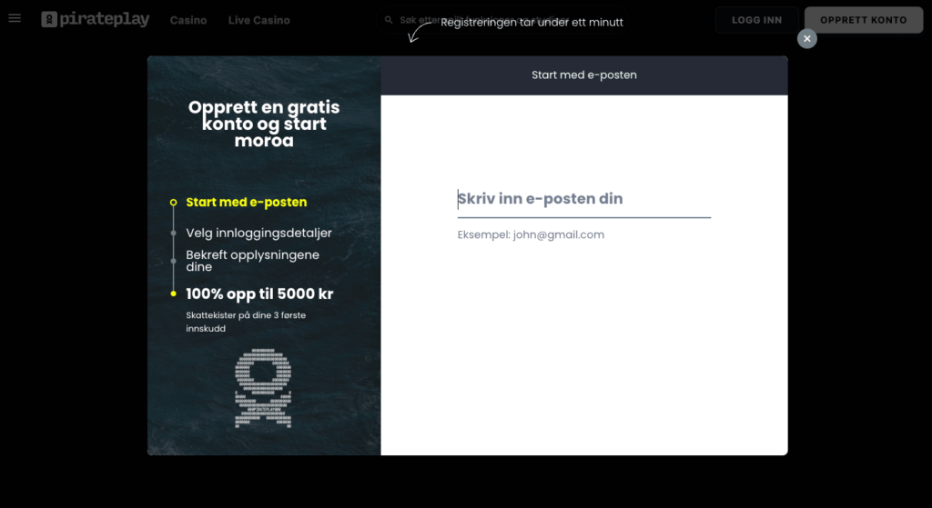 Registrering av en spillekonto hos PiratePlay