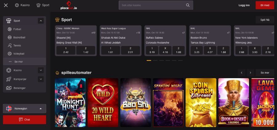 Forsiden til Placebet viser både casinospill og tipping på sport