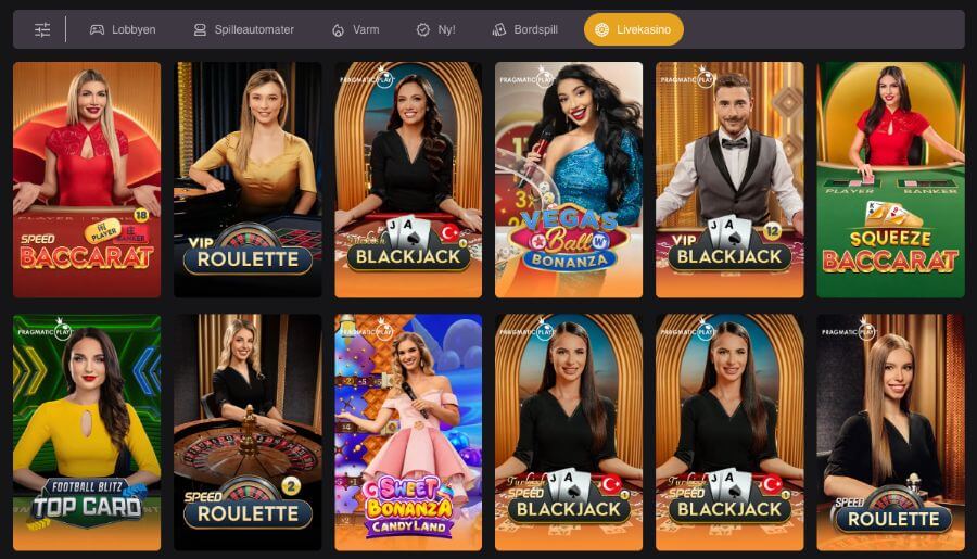 Placebet har et live casino med klassiske bordspill og live game show-spill