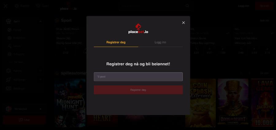 Registrering av en spillekonto hos Placebet
