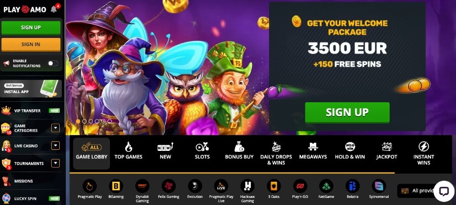 PlayAmo forside med bonus
