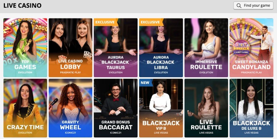 PlayAmo har et live casino med klassiske bordspill og live game show-spill