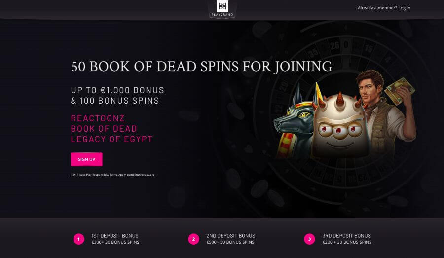 Forsiden til PlayGrand med en bonus