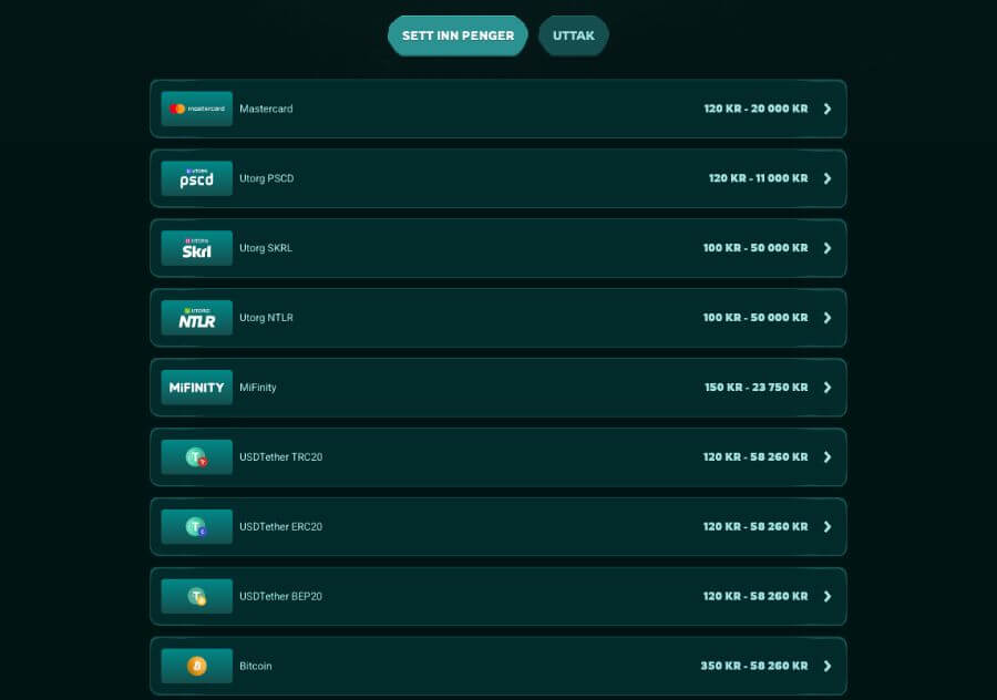 Oversikt over noen betalingsmetoder hos PlayiO