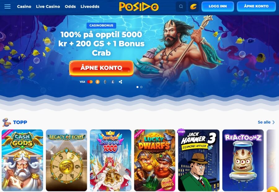 Forsiden til kryptocasinoet Posido har et design der havgudene regjerer