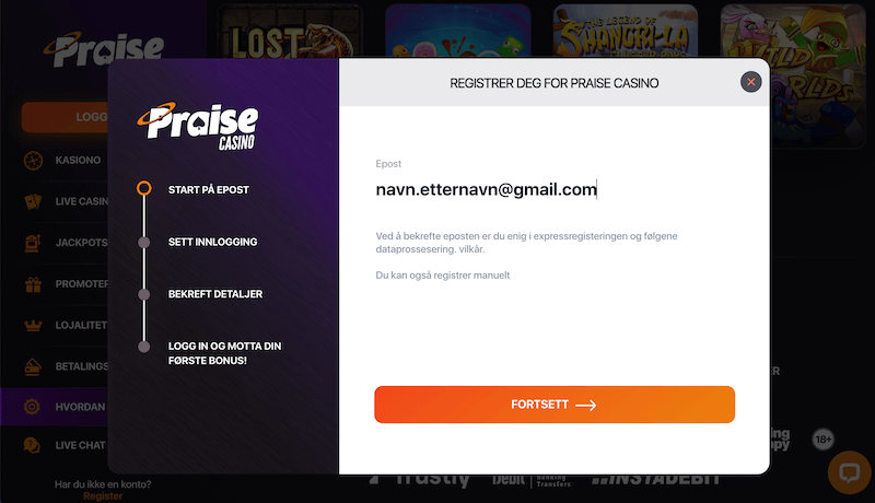 Praise Casino - registrer spillekonto