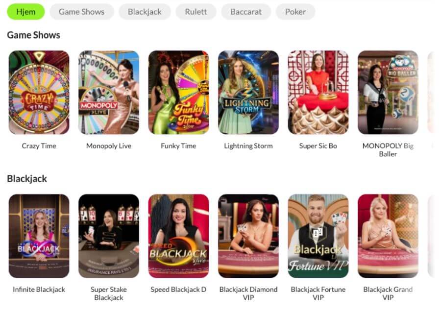 Puntit har et live casino med klassiske bordspill og live game show-spill
