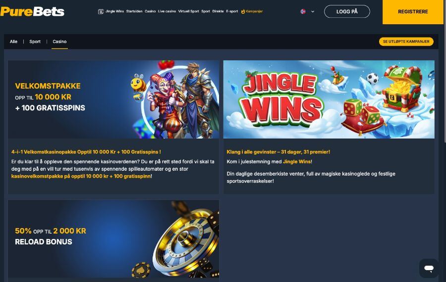 Kampanjesiden til PureBets inneholder noen tilbud og kampanjer