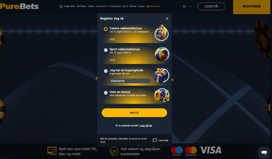 Registrering av en spillekonto hos PureBets