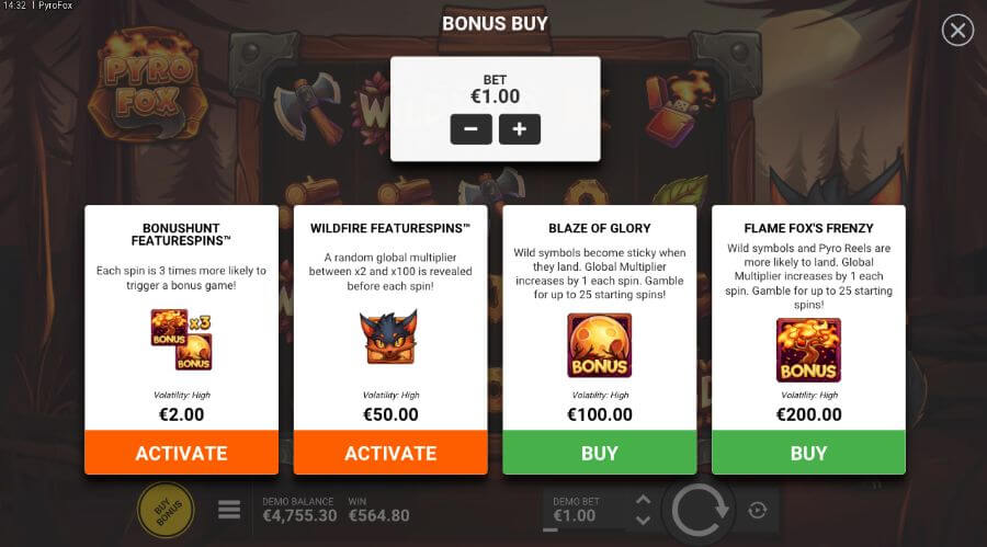 Spilleautomaten Pyrofox har også en bonus buy funksjon med kjøp av bonuser og funksjoner