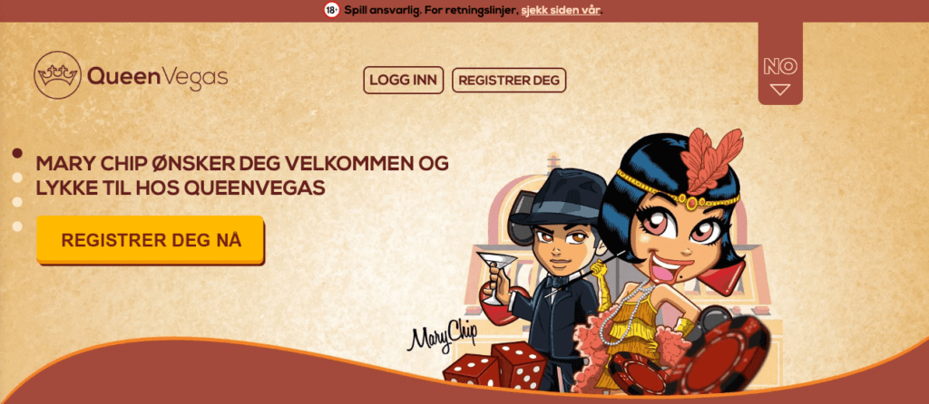 Forsiden til nettcasinoet QueenVegas