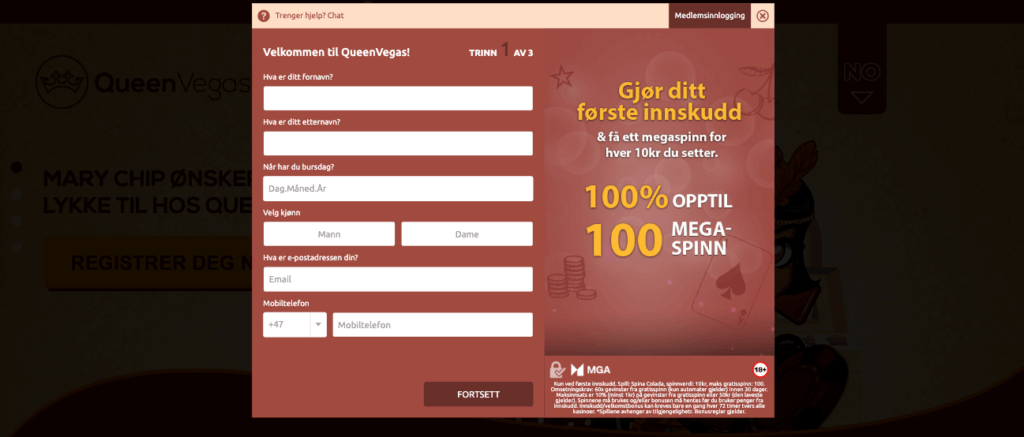 Registrering av en spillekonto hos QueenVegas