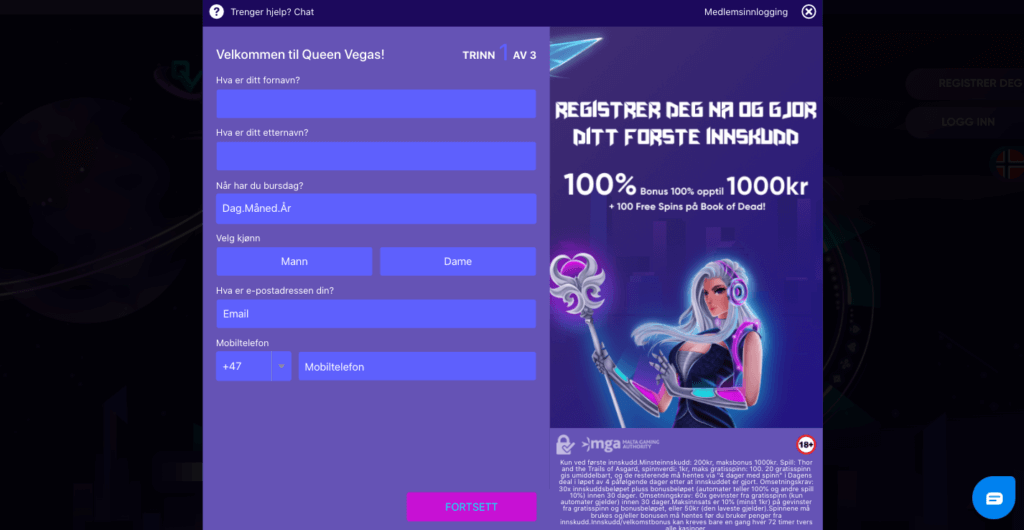 QueenVegas registrering