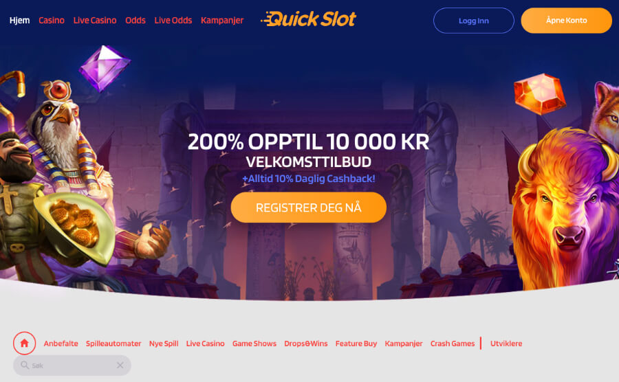 Kryptocasinoet QuickSlot har en enkel og oversiktlig forside