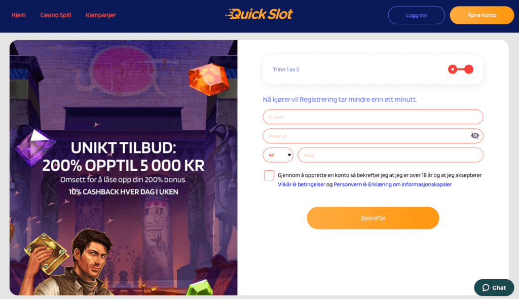 Registrering av en spillekonto hos kryptocasinoet QuickSlot