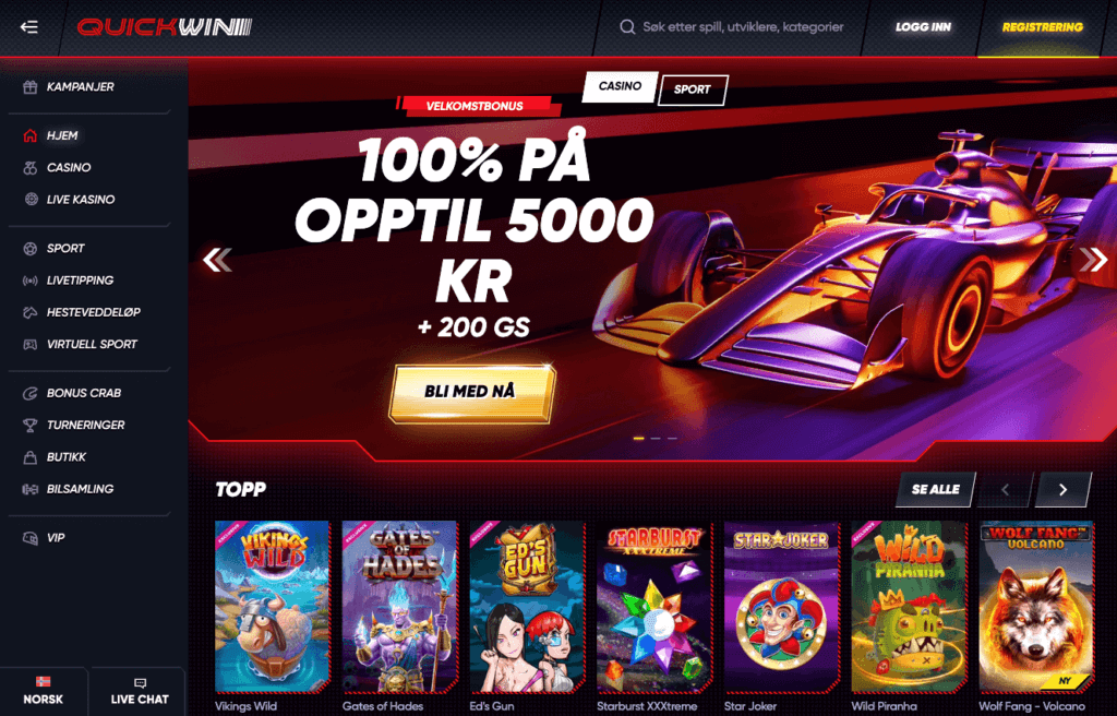 Forsiden til kryptocasinoet QuickWin