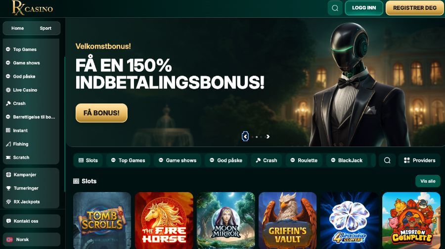 Forsiden til RX.Casino med en eksklusiv bonus