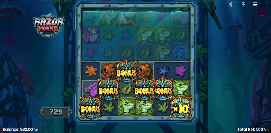 Aktivering av bonusspillet med fem scattere på Razor Ways