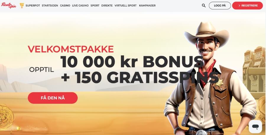 RealSpin har en flott forside med et westen-tema og en herlig velkomstbonus til nye spillere