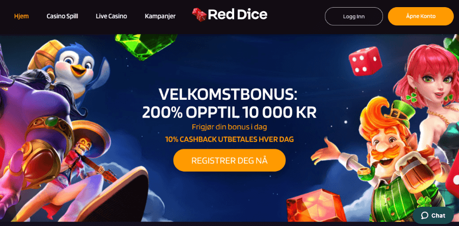 Forsiden til kryptocasinoet RedDice