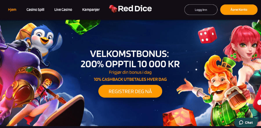 RedDice tilbyr nye spillere en velkomstbonus på hele 200% opptil 10 000 kr. Det følger også med en daglig cashback