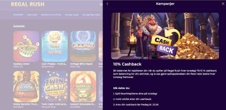 Regal Rush tilbyr cashback som en belønning for aktive spillere