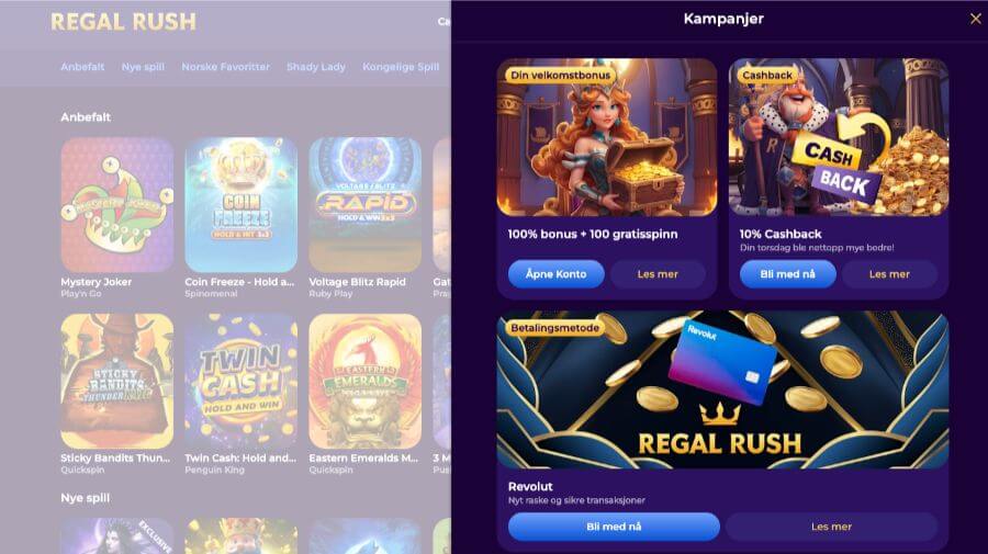 Kampanjesiden til kryptocasinoet Regal Rush