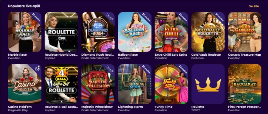 Regal Rush har et live casino med klassiske bordspill og live game show-spill
