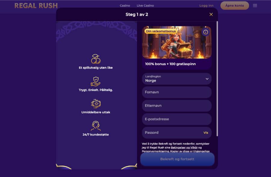 Registrering hos kryptocasinoet Regal Rush