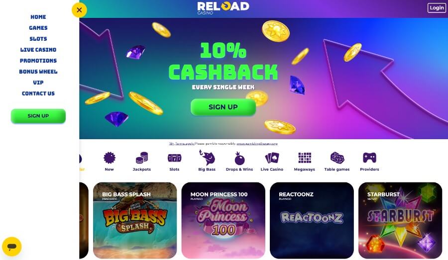 Reload Casino forside med tilbud