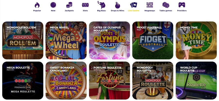 Reload Casino har et live casino med bordspill og game show-spill